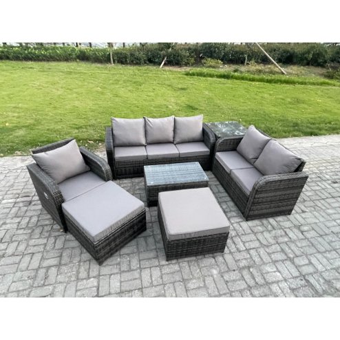 Fimous Outdoor Garden Furniture Sets 7 Pieces Wicker Rattan Furniture Sofa Sets with Rectangular Coffee Table Loveseat Sofa 2 Big Footstool Side Table