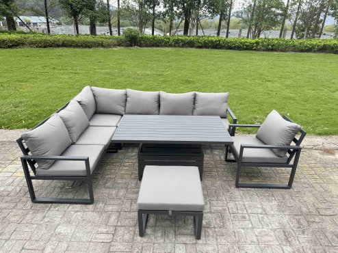Fimous Aluminium Garden Furniture Sets,7 Seater Outdoor Conversational Dining Set with Adjustable Rising Lifting Dining Table Cushions for Yard,Poolside, Patio, Dark Grey