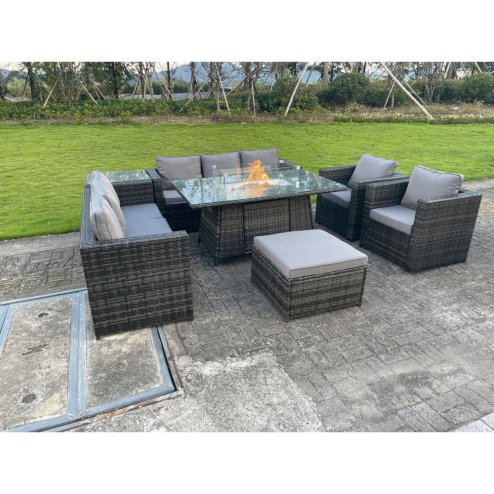 Fimous 9 Seater Outdoor Rattan Garden Furniture Gas Fire Pit Table Sets Gas Heater Lounge Chairs Dark Grey Big Footstool