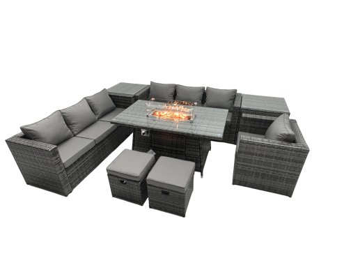 Fimous Rattan Garden Furniture Firepit Dining Set 9 Seater Lounge Sofa Table Set with 2 Side Table 2 Footstool