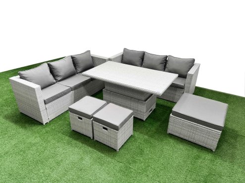 Fimous 6 PCs Rising Dining Table Set Rattan Furniture Set with 3 Seater Sofa 2 Small Footstools Big Footstool Light Grey