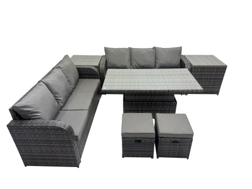 Fimous Rattan Garden Furniture Dining Set 8-seater Patio Height Adjustable Rising Lifting Table Sofa Set with 2 Side Table 2 Small Footstools Dark Grey Mixed