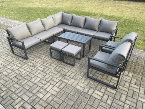 Fimous Aluminium Outdoor Garden Furniture Set Lounge Corner Sofa 2 Pcs Chair Oblong Coffee Table Sets with 2 Small Footstools Dark Grey