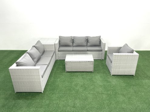 Fimous Wicker PE Rattan Sofa Garden Furniture Set with Armchair Oblong Coffee Table Side Table Light Grey Mixed