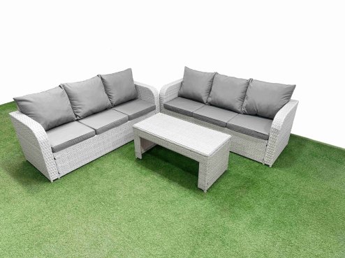 Fimous Outdoor Garden Furniture Sets 6 Seater Wicker Rattan Furniture Sofa Sets with Oblong Coffee Table high Back Lounge Sofa Light Grey