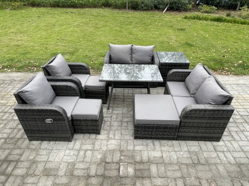 Fimous 9 Seater Wicker PE Rattan Garden Dining Set Outdoor Furniture Sofa with Rectangular Dining Table Side Table 3 Footstools Dark Grey Mixed