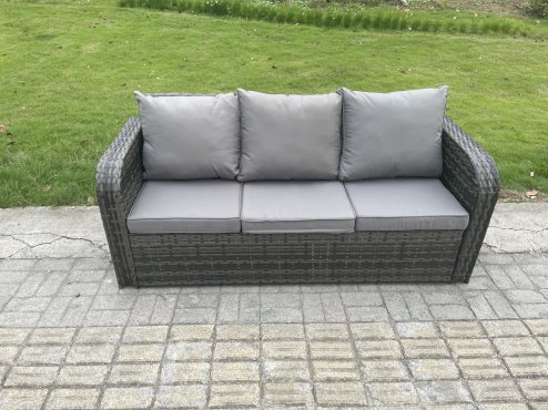Fimous Outdoor Lounge Sofa Set Wicker PE Rattan Garden Furniture Set with Rectangular Dining Table Reclining Chair 2 Small Footstools Dark Grey Mixed