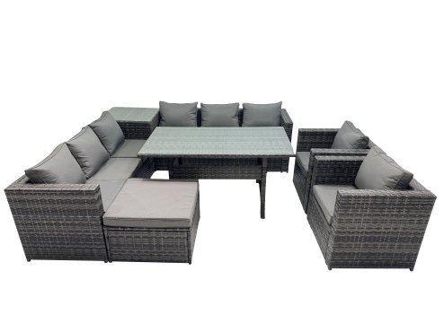 Fimous Outdoor Corner Sofa Chair Dining Table Set Garden Rattan Furniture Set 9 Seater with Side Table Big Stool Dark Grey