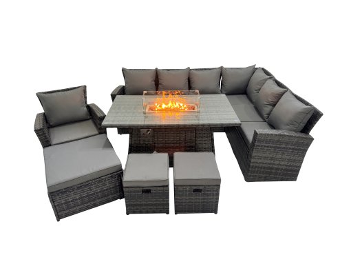 Fimous Outdoor Furniture Garden Dining Set Rattan Corner Sofa Chair Set Gas Fire Pit Table with Temper Glass 3 Footstools Dark Grey Mixed