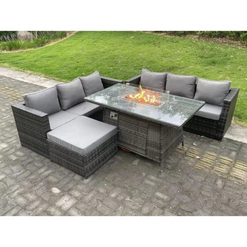 Fimous Outdoor Rattan Garden Furniture Sofa Set Gas Fire Pit Dining Table Gas Heater Burner With 3 Seater Sofa Big Footstool 7 Seater Dark Grey Mixed
