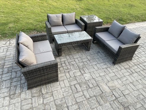 Fimous 6 Seater Rattan Wicker Garden Furniture Patio Conservatory Sofa Set with Coffee Table Double Seater Sofa Side Table
