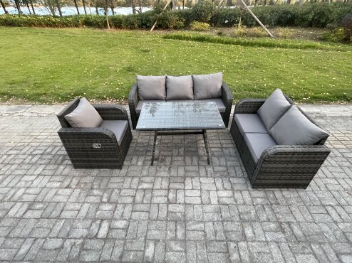 Fimous Outdoor Rattan Garden Furniture Set 7 Seater Patio Lounge Sofa Set with Dining Table Dark Grey Mixed