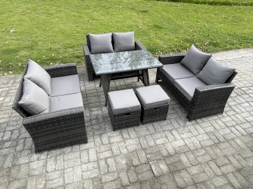 Fimous Outdoor Lounge Sofa Set Wicker PE Rattan Garden Furniture Set with Rectangular Dining Table 2 Seat Sofa 2 Small Footstools Dark Grey Mixed