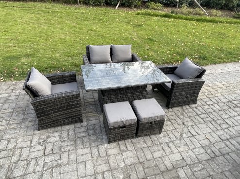 Fimous Outdoor Garden Dining Sets 6 Seater Rattan Patio Furniture Sofa Set with Rising Lifting Table 2 Small Footstool Dark Grey Mixed