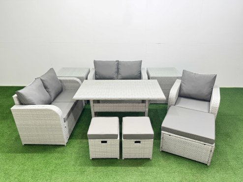 Fimous High Back Poly Rattan Garden Furniture Set with Reclining Chair Loveseat Sofa Rectangular Dining Table Indoor Outdoor Patio Set 3 Stools 2 Side Table Light Grey