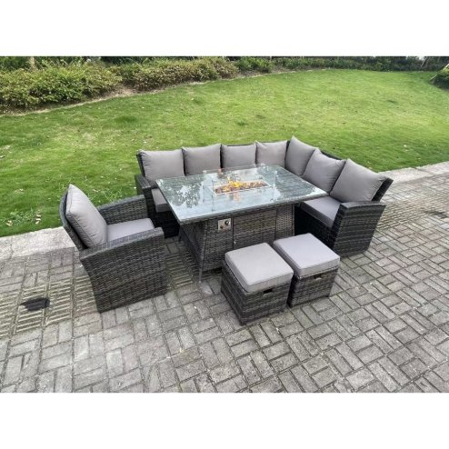 Fimous High Back Rattan Garden Furniture Sets Gas Fire Pit Dining Table Gas Heater Set Corner Sofa Small Footstools Chair 9 Seater