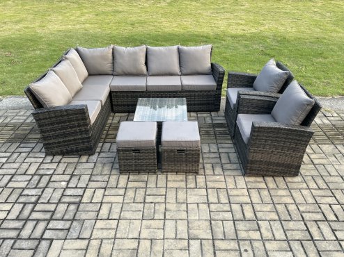 Fimous Rattan Garden Furniture Set Outdoor Lounge Corner Sofa Set With Square Coffee Table 2 Small Footstools Armchair 10 Seater Dark Grey Mixed