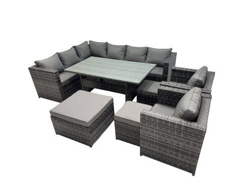 Fimous Outdoor PE Rattan Sofa Set with Dining Table Patio Garden Furniture Sets with 3 Stool Dark Grey Mixed