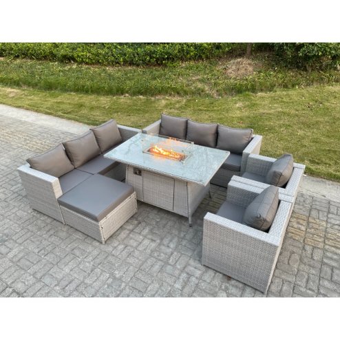 Fimous Light Grey Rattan Garden Furniture Set Gas FirePit Dining Table Heater Burner Lounge Sofa Set Chairs Footstool