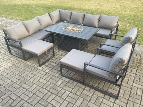 Fimous Aluminium 11 Seater Garden Furniture Outdoor Set Patio Lounge Sofa Gas Fire Pit Dining Table Set with 2 Chair 2 Big Footstools Dark Grey