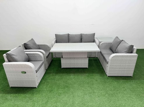 Fimous PE Rattan Garden Furniture Set Reclining Chair Sofa Double Love Seat 2 Seater Sofa Lounge Set Adjustable Lifting Dining or Coffee Table Side Table Light Grey