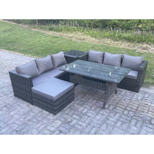 Fimous PE Wicker Outdoor Garden Furniture Set Patio Rattan Rectangular Dining Table Lounge Sofa with Big Footstool Side Table 7 Seater Dark Grey Mixed