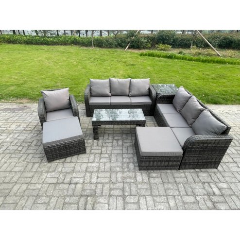 Fimous Outdoor Lounge Sofa Set 9 Seater Rattan Garden Furniture Set with Rectangular Coffee Table 2 Big Footstool 3 Seater Sofa Side Table Dark Grey Mixed