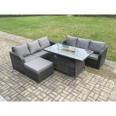 Fimous Rattan Garden Furniture Set with Fire Pit Table 7 Seater Outdoor Patio Lounge Sofa Set Dark Grey Mixed