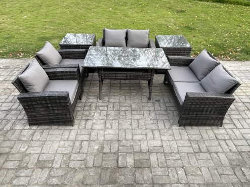 Fimous Rattan Garden Furniture Set Patio Outdoor Lounge Sofa Set with Oblong Dining Table Double Seat Sofa 2 Side Tables Dark Grey Mixed