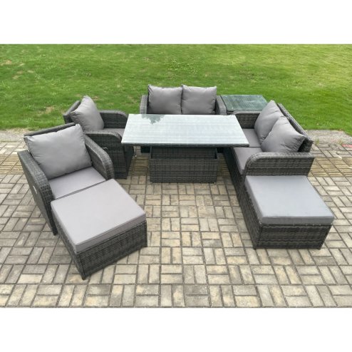 Fimous 8 Seater Rattan Furniture Garden Dining Set Outdoor Height Adjustable Rising lifting Table Love Sofa Chair With Side Table 2 Footstools