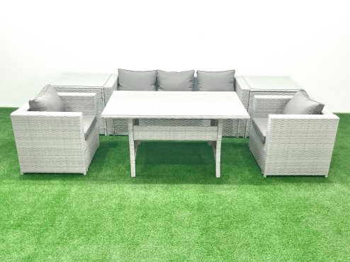 Fimous Garden Dining Set Outdoor Rattan Furniture Set with Sofa Dining Table 2 Chairs 2 Side Tables Light Grey Mixed