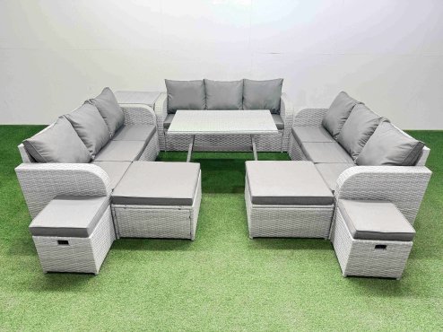 Fimous Patio Garden Furniture Sets with Dining Table 3 Seater Sofa Side Table 4 Stool Light Grey