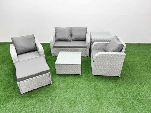 Fimous Light Grey PE Wicker Rattan Garden Furniture Set Sofa Set Reclining Adjustable Chair Square Coffee Table 5 Seater With Footstool Side Table Image