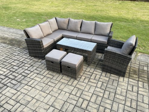 Fimous 9 Seat Rattan Garden Furniture Corner Sofa Set Outdoor Patio Sofa Chair Table Set with 2 Small Footstools Dark Grey Mixed