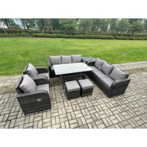 Fimous Outdoor Garden Patio Furniture Wicker Rattan Oblong Rectangular Dining Table and Lounge Sofa set with Side Table 2 Small Footstool Dark Grey Mixed