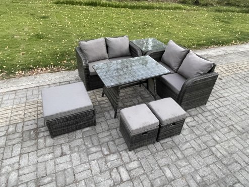 Fimous Outdoor Garden Furniture Sets 7 Pieces Rattan Furniture Manual Wicker Patio Sofa Patio Conversation Set with 3 Footstools Side Table Dark Grey Mixed