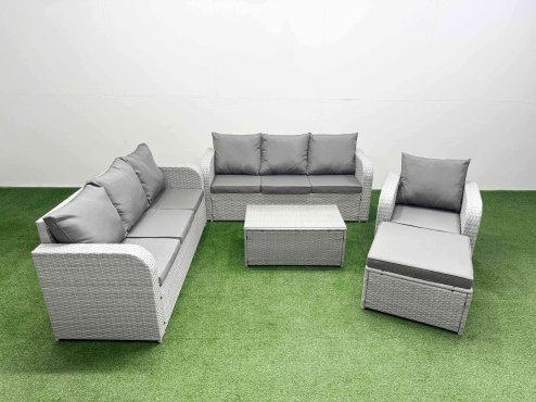 Fimous 8 Seater Poly Rattan Outdoor Garden Furniture Sofa Set Patio 3 Seater Sofa Reclining Chair 3 Seater Sofa Big Footstool Light Grey Image