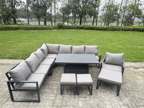 Fimous L-shaped Garden Furniture Set 10-Seater Aluminium Outdoor Dining Set with Adjustable Rising Lifting Dining Table 3 Footstools Dark Grey