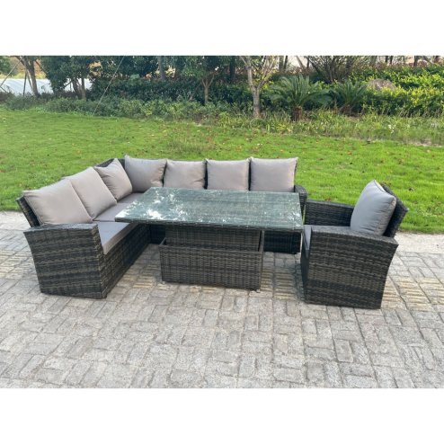 Fimous High Back PE Rattan Corner Sofa Set Garden Furniture Adjustable Rising Lifting Table Set With Chair