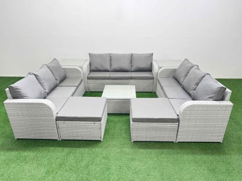 Fimous PE Rattan Lounge Sofa Set 11 Seater Outdoor Garden Furniture Set with Square Coffee Table 3 Seater Sofa 2 Big Footstools 2 Side Table Light Grey Image