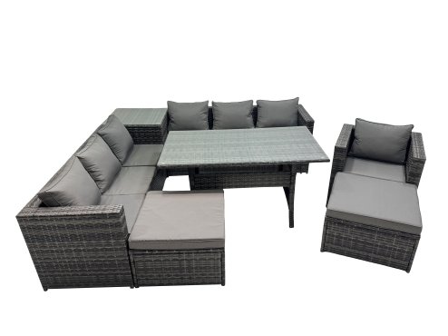 Fimous 9 Seater Outdoor Corner Sofa Chair Dining Table Set Garden Rattan Furniture Set with Side Table 2 Big Stool Dark Grey