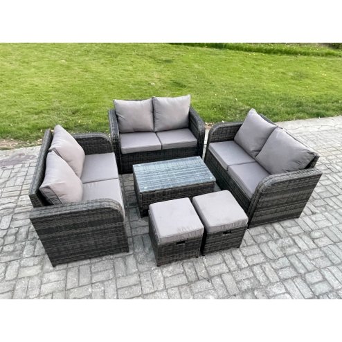 Fimous Outdoor Garden Furniture Sets 8 Seater Wicker Rattan Furniture Sofa Sets with Rectangular Coffee Table Love Sofa 2 Small Footstools Dark Grey Mixed
