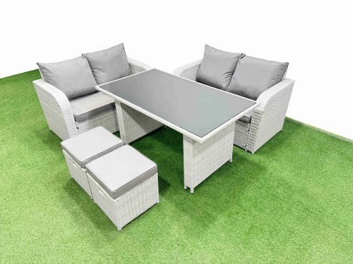 Fimous 5 Pieces Outdoor PE Rattan Sofa Set Patio Garden Furniture Sets with Cushions 2 Small Stools Light Grey