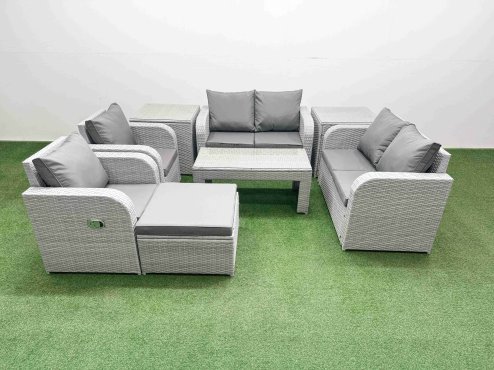 Fimous 7 Seater Outdoor Reclining Chair Love Sofa Set Rattan Garden Furniture Set with Oblong Coffee Table Footstool 2 Side Tables Light Grey