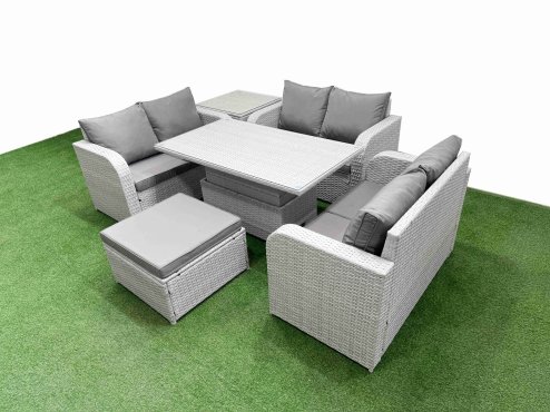 Fimous 7 Seater PE Wicker Rattan Furniture Sofa Sets with Adjustable Lifting Dining or Coffee Table 2 Seater Love Sofa Big Footstool Side Table Light Grey