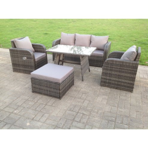Fimous PE Rattan Garden Furniture Set Adjustable Chair Sofa Lounge 3 Seater Sofa Oblong Rectangular Dining Table Footstool