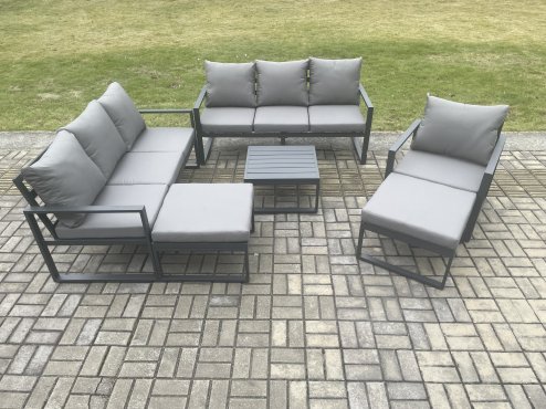 Fimous Aluminium Outdoor Lounge Sofa Set Garden Furniture Sets with Square Coffee Table Chair 2 Big Footstools Dark Grey