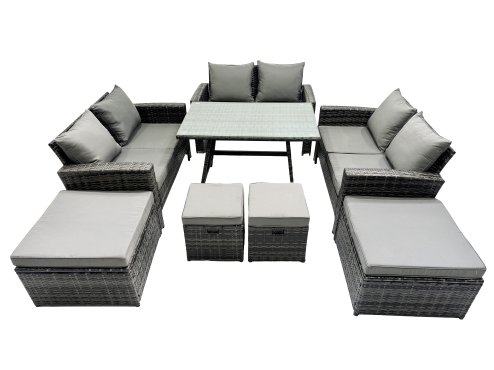 Fimous 10 Seater Wicker PE Rattan Furniture Outdoor Dining Table Double Seat Sofa 4 Stools Set Dark Grey Mixed