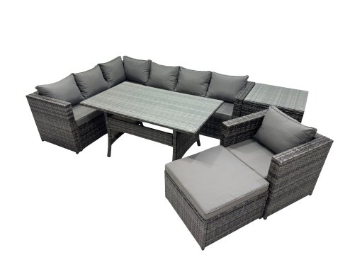 Fimous Outdoor PE Rattan Sofa Set with Dining Table Patio Garden Furniture Sets with Chair Big Stool Side Table Dark Grey Mixed