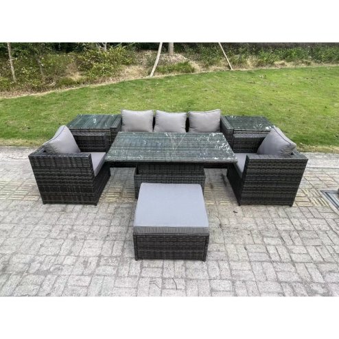Fimous 6 Seater Rattan Garden Furniture Sofa Set Outdoor Adjustable Rising Lifting Dining Table Set with 2 Armchairs 2 Side Tables Big Footstool Tables Dark Grey Mixed